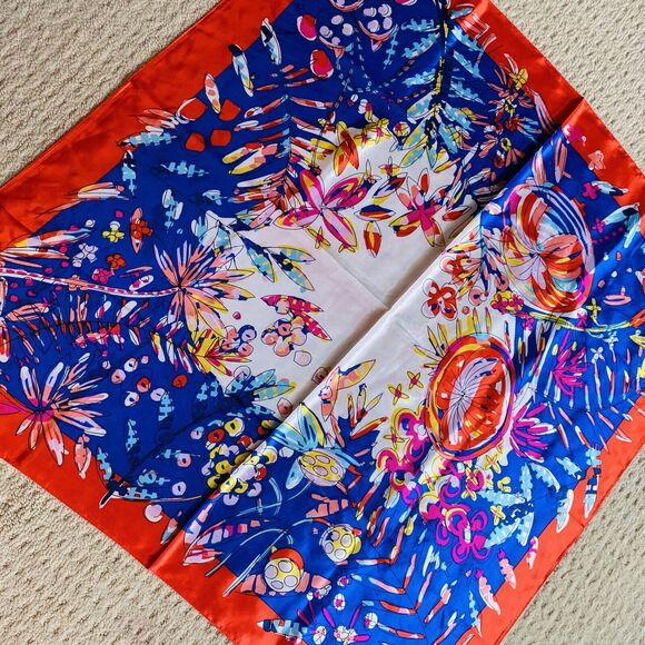 Blue & Red Silky Feel Satin Scarf Colorful Bandana Modern Art Floral 36” Square - Picture 5 of 8